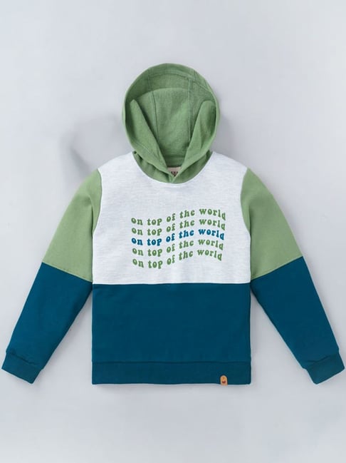 Ed-a-Mamma Kids Green Blue Cotton Color Block Full Sleeves Hoodie