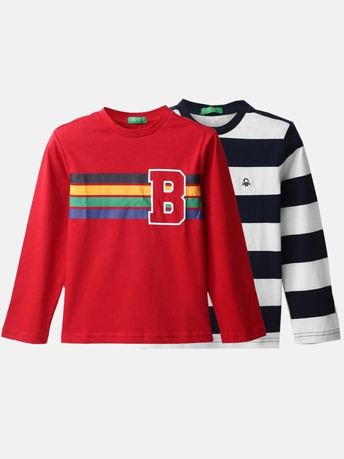 United Colors of Benetton Kids Multicolor Cotton Striped Full Sleeves T-Shirt (Pack of 2)