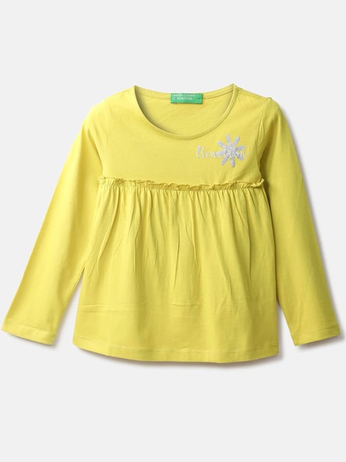 United Colors of Benetton Kids Lime Green Cotton Embroidered Full Sleeves Top