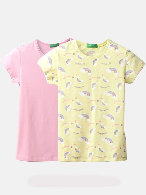 United Colors of Benetton Kids Pink & Yellow Cotton Printed T-Shirt (Pack of 2)