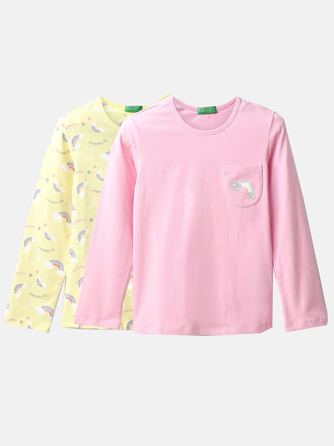 United Colors of Benetton Kids Yellow & Pink Cotton Printed Full Sleeves T-Shirt (Pack of 2)