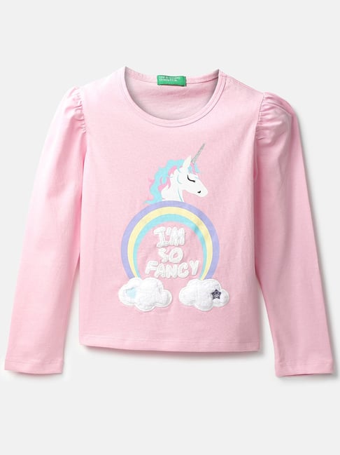 United Colors of Benetton Kids Pink Cotton Applique Full Sleeves Top