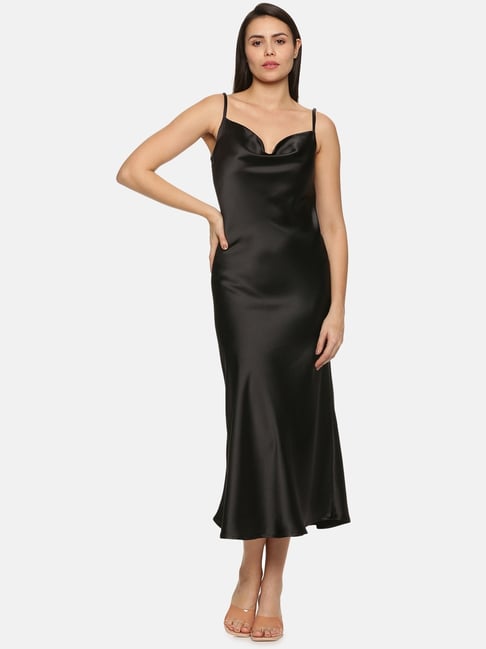 Black Satin Cowl Neck Lace Up Back Maxi Dress | PrettyLittleThing USA