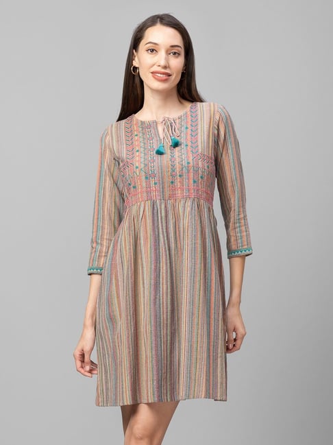 Globus Multicolored Cotton Self Pattern Empire-Line Dress Price in India