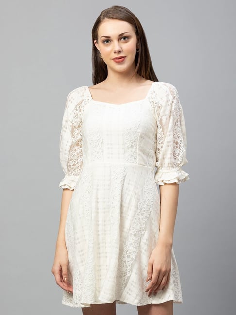 Globus White Self Pattern Peplum Dress Price in India