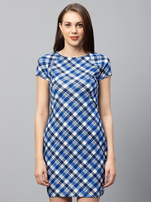 Globus Blue Chequered Shift Dress Price in India