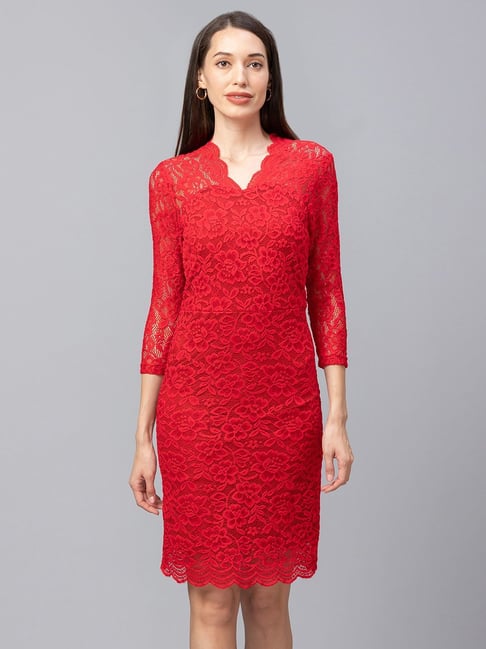Globus Red Self Pattern Bodycon Dress Price in India