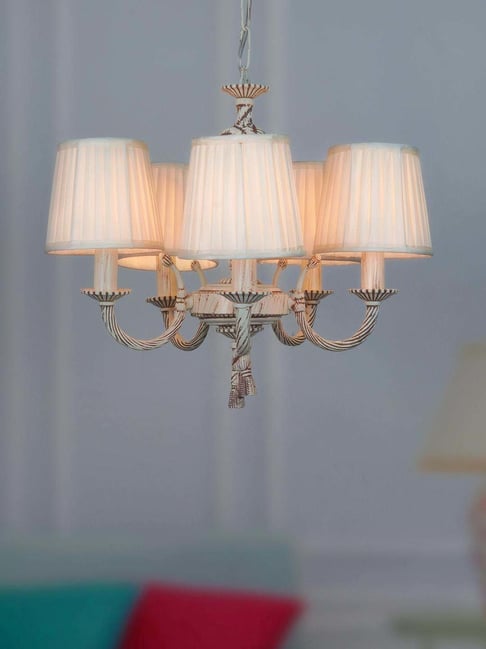 FOS LIGHTING White & Silver Aluminium 5-In-1 Chandelier With Fabric Shade