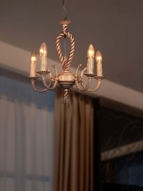 FOS LIGHTING White & Silver Aluminium 5-In-1 Chandelier With Shade