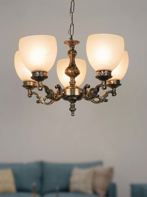 FOS LIGHTING White & Golden Aluminium 5-In-1 Diamond Chandelier With Glass Shade