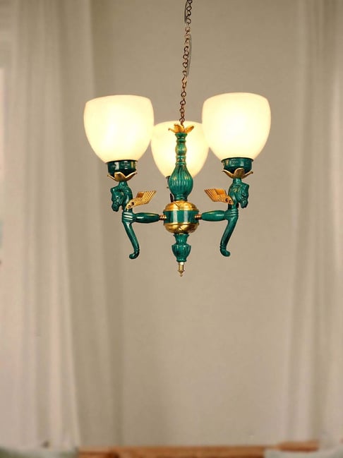 FOS LIGHTING White & Green Aluminium 3-In-1 Pegasus Seahorse Chandelier With Glass Shade