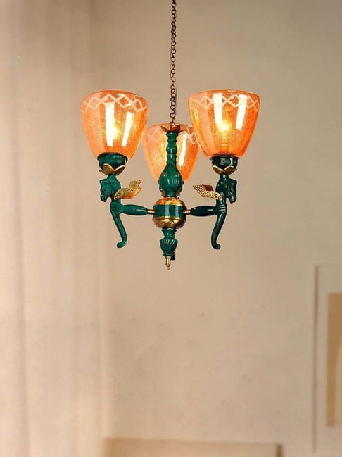 FOS LIGHTING Brown & Green Aluminium 3-In-1 Pegasus Seahorse Chandelier With Glass Shade