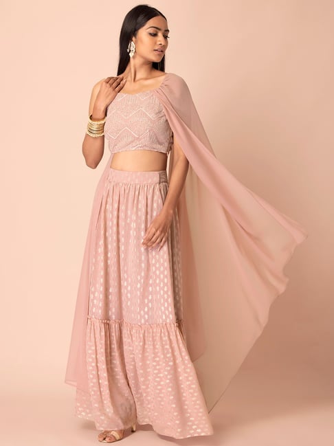 Indya Blush Pink Sequin Crop Top With Attached Dupatta