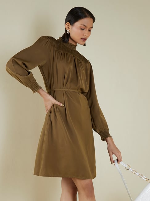 Wardrobe by Westside Brown Ruffle Neck Dress with Belt Price in India