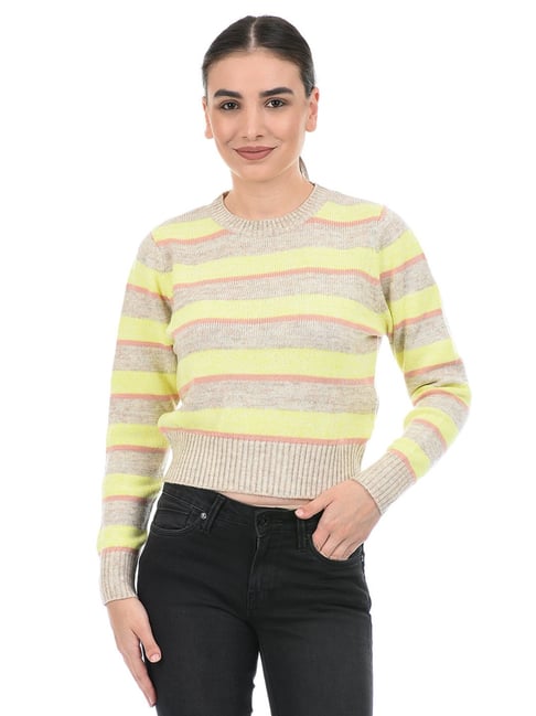 Buy Species Beige Yellow Striped Sweater for Women's Online
