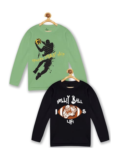 Kiddopanti Kids Green & Jet Black Cotton Printed Full Sleeves T-Shirt (Pack of 2)-picture-34