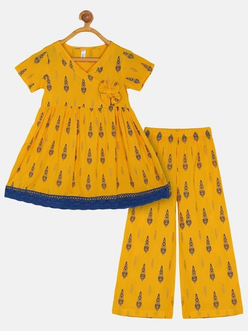 Kiddopanti Kids Yellow & Blue Printed Kurti Set-picture-36