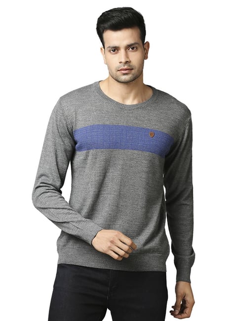 Buy Raymond Grey Regular Fit Colour Block Sweaters for Mens Online