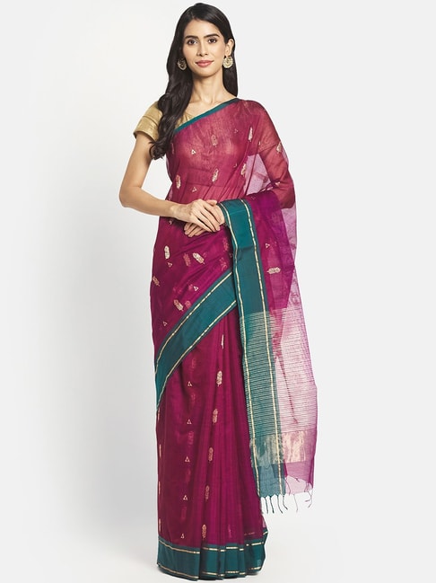 Fabindia Purple Cotton Silk Printed Saree Without Blouse Price in India