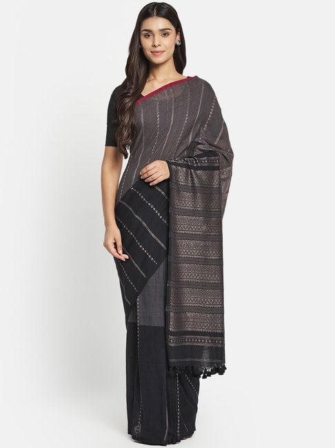 Fabindia Black Cotton Woven Saree Without Blouse Price in India