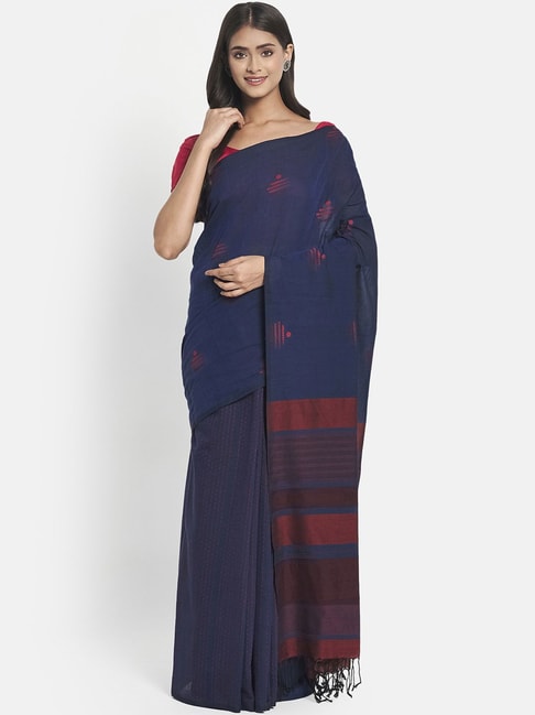 Fabindia Navy Cotton Woven Saree Without Blouse Price in India