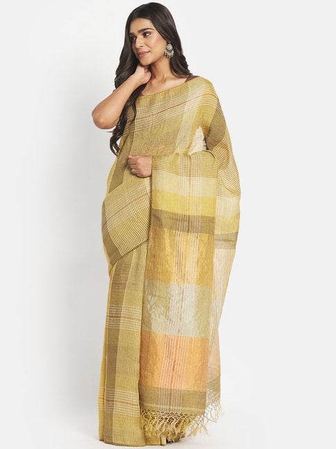 Fabindia Olive Green Linen Woven Saree Without Blouse Price in India