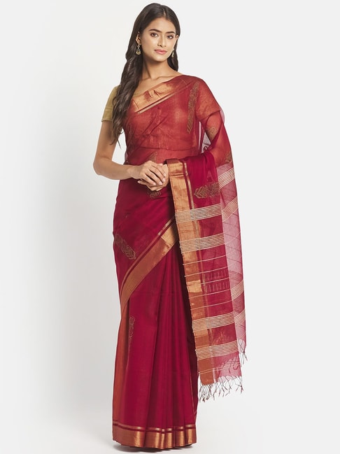 Fabindia Maroon Cotton Silk Printed Saree Without Blouse Price in India