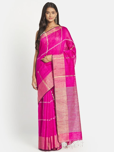Fabindia Pink Silk Woven Saree Without Blouse Price in India