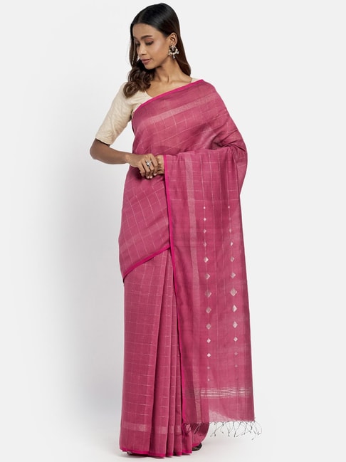 Fabindia Pink Cotton Silk Woven Saree Without Blouse Price in India