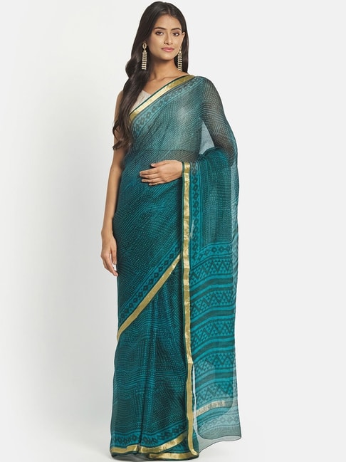 Fabindia Green Silk Printed Saree Without Blouse Price in India