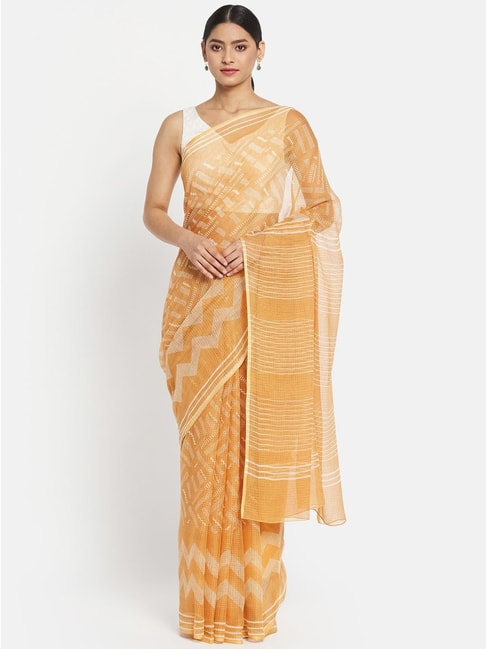 Fabindia Yellow Cotton Silk Printed Saree Without Blouse Price in India
