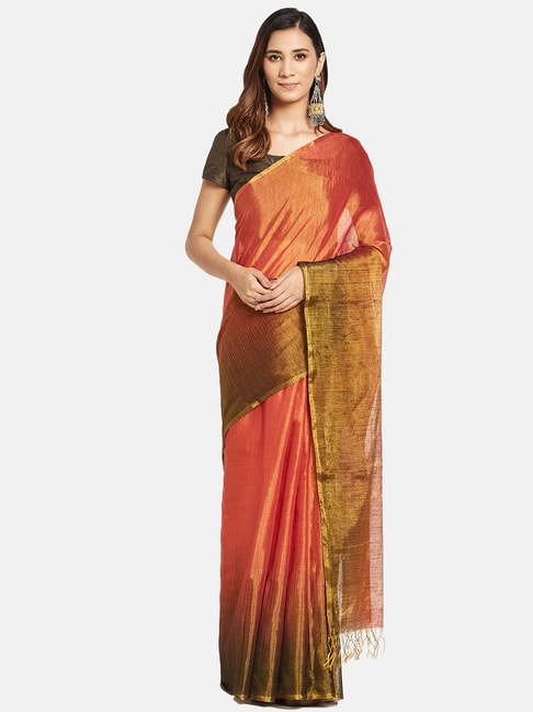 Fabindia Orange Cotton Silk Woven Saree Without Blouse Price in India