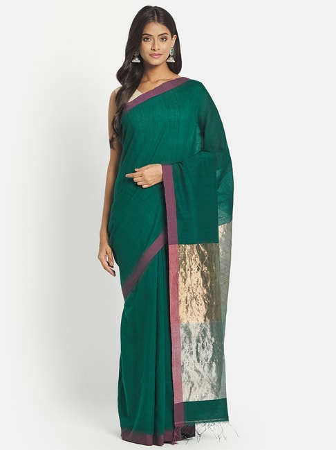 Fabindia Green Silk Woven Saree Without Blouse Price in India