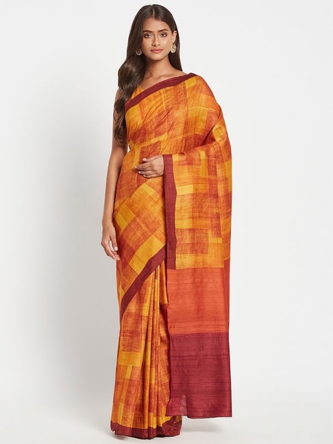 Fabindia Orange Silk Printed Saree Without Blouse Price in India