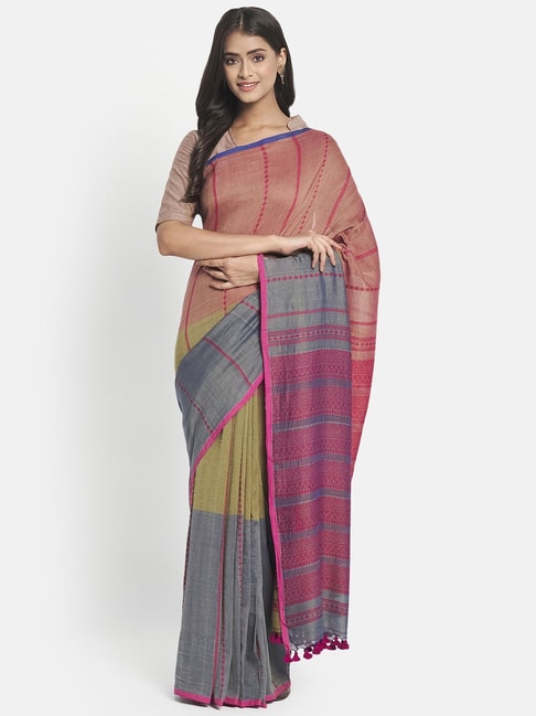 Fabindia Pink & Grey Cotton Woven Saree Without Blouse Price in India