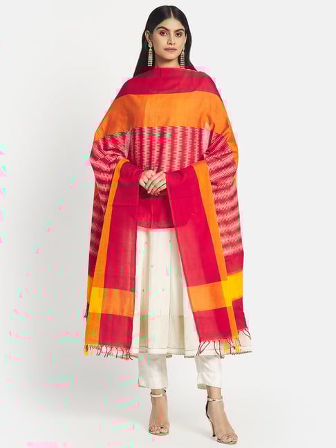 Fabindia Yellow & Pink Cotton Woven Pattern Dupatta