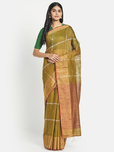 Fabindia Olive Green Silk Woven Saree Without Blouse Price in India