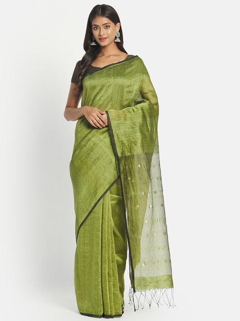 Fabindia Green Woven Saree Without Blouse Price in India