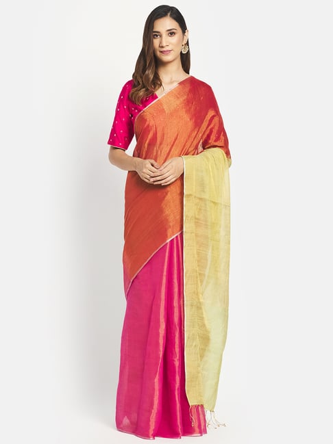 Fabindia Orange & Pink Cotton Silk Woven Saree Without Blouse Price in India