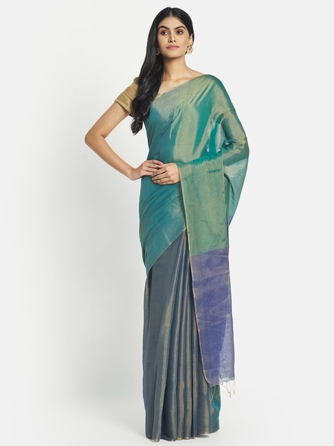 Fabindia Blue & Green Cotton Silk Woven Saree Without Blouse Price in India