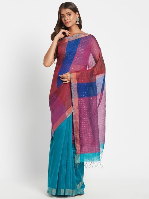 Fabindia Blue & Pink Woven Saree Without Blouse Price in India