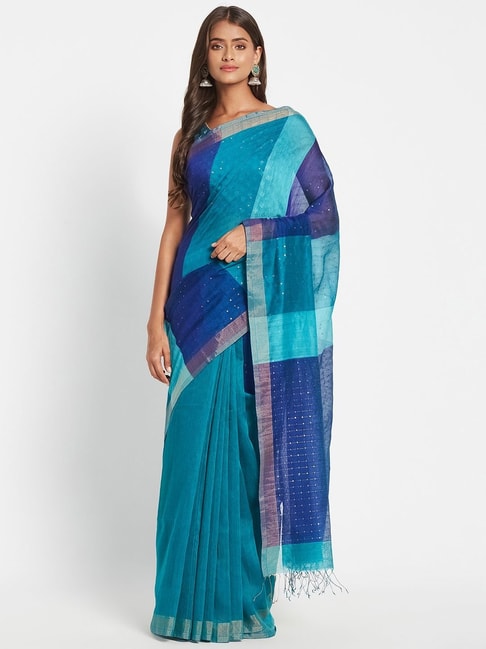 Fabindia Blue Woven Saree Without Blouse Price in India