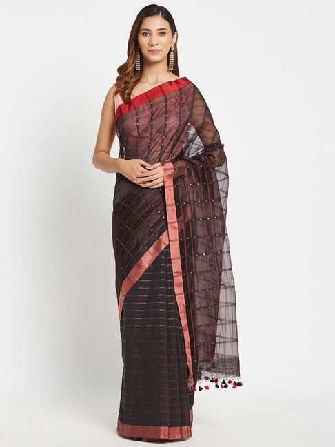 Fabindia Black Cotton Silk Woven Saree Without Blouse Price in India