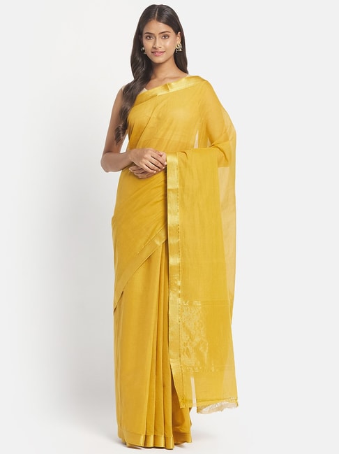 Fabindia Mustard Cotton Woven Saree Without Blouse Price in India