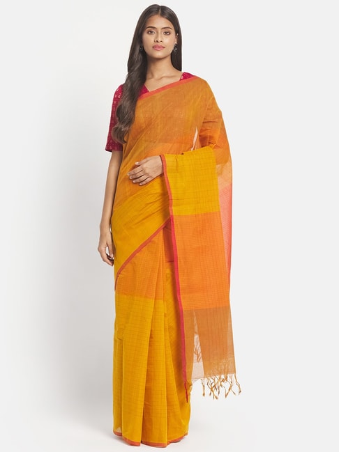 Fabindia Mustard Cotton Woven Saree Without Blouse Price in India
