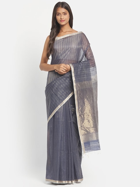 Fabindia Grey Cotton Silk Woven Saree Without Blouse Price in India