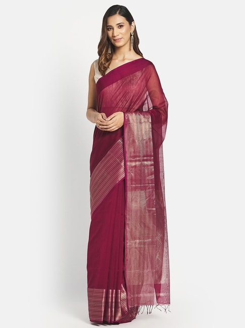 Fabindia Purple Cotton Silk Woven Saree Without Blouse Price in India