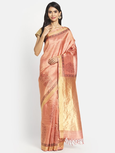 Fabindia Peach Cotton Silk Printed Saree Without Blouse Price in India