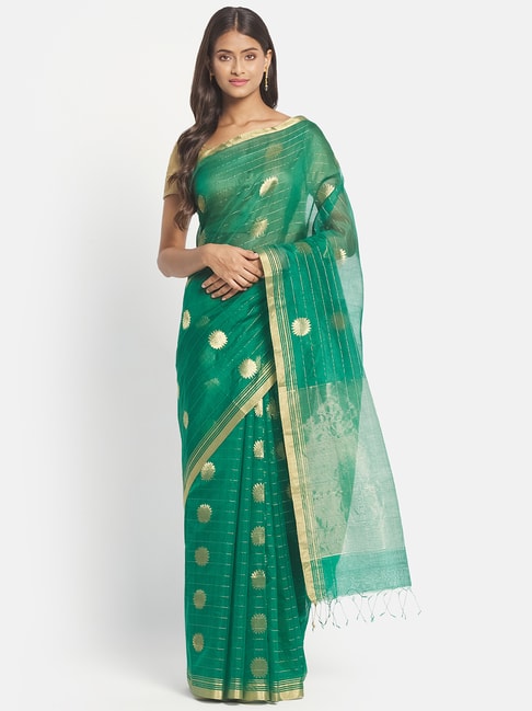 Fabindia Green Cotton Silk Printed Saree Without Blouse Price in India