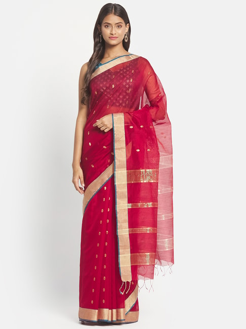 Fabindia Red Cotton Silk Woven Saree Without Blouse Price in India